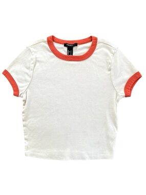Forever 21 Womens S Ringer Crop T-Shirt Cream Contrasting Orange Trim Retro